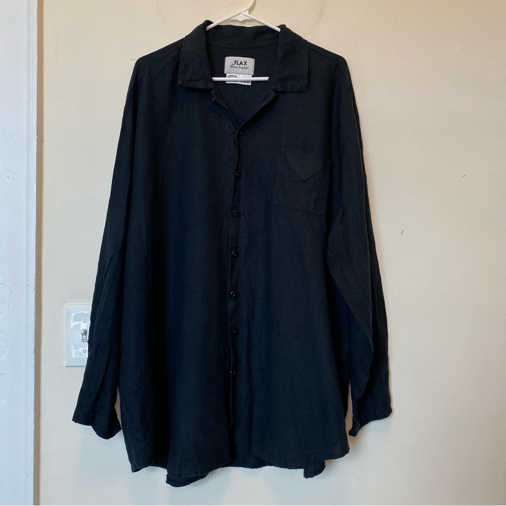 FLAX Jeanne Engelhart Unisex Linen Button Down Shirt Black Sz Large